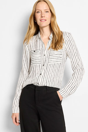 NIC+ZOE Mini Painted Striped Shirt in White Multi.  Vertically striped blouse with pointed collar, notched v button down.  Long sleeves with adjustable button cuffs.  2 front horizontal stripe patch pockets with button closure.  Horizontal stripe yoke in back with inverted pleat below.  Relaxed fit._61299349356910