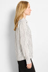 NIC+ZOE Mini Painted Striped Shirt in White Multi.  Vertically striped blouse with pointed collar, notched v button down.  Long sleeves with adjustable button cuffs.  2 front horizontal stripe patch pockets with button closure.  Horizontal stripe yoke in back with inverted pleat below.  Relaxed fit._t_61299349389678