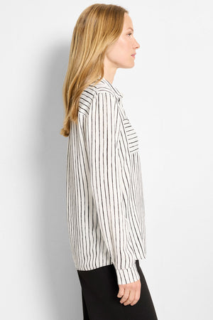 NIC+ZOE Mini Painted Striped Shirt in White Multi.  Vertically striped blouse with pointed collar, notched v button down.  Long sleeves with adjustable button cuffs.  2 front horizontal stripe patch pockets with button closure.  Horizontal stripe yoke in back with inverted pleat below.  Relaxed fit._61299349389678