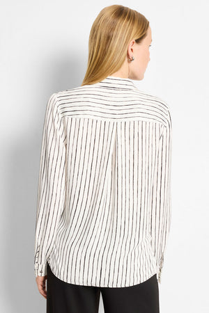 NIC+ZOE Mini Painted Striped Shirt in White Multi.  Vertically striped blouse with pointed collar, notched v button down.  Long sleeves with adjustable button cuffs.  2 front horizontal stripe patch pockets with button closure.  Horizontal stripe yoke in back with inverted pleat below.  Relaxed fit._61299349422446