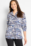 NIC+ZOE Harvest Dot Top in Blue Multi.  Pointed collar split v top with 2 button placket.  Long sleeves with button cuff.  In verted pleats in front and back. Relaxed fit._t_61050455556462