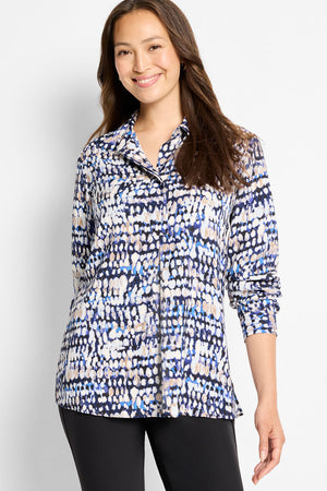 NIC+ZOE Harvest Dot Top in Blue Multi.  Pointed collar split v top with 2 button placket.  Long sleeves with button cuff.  In verted pleats in front and back. Relaxed fit._61050455556462