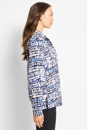 NIC+ZOE Harvest Dot Top in Blue Multi.  Pointed collar split v top with 2 button placket.  Long sleeves with button cuff.  In verted pleats in front and back. Relaxed fit._61050455589230