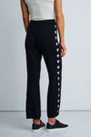Lisa Todd Heart Track Pant in Black.  1 1/4" elastic waist pull on cotton/cashmere pant.  Gray intarsia hearts down the side of each leg.  Straight leg.  Snug through stomach and hip, straight to hem. Rib trim at hem.  10 1/4" leg opening; 28" inseam._t_61429932982638