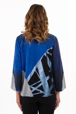 Lemon Grass Open Front Mixed Media Jacket in Blue. Vegan leather and handpainted washable suede in shades of blue. Convertible collar open jacket with 3/4 sleeve. 2 front patch pockets. Relaxed fit._34645153054920