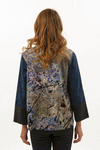 Lemon Grass Open Front Patchwork Jacket in Navy. Patchwork of hand-painted washable suede and vegan leather. Convertible collar open jacket with 3/4 sleeve with vegan leather cuff. 2 front patch pockets. Relaxed fit._t_34548131627208