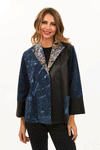 Lemon Grass Open Front Patchwork Jacket in Navy.  Patchwork of hand-painted washable suede and vegan leather.  Convertible collar open jacket with 3/4 sleeve with vegan leather cuff.  2 front patch pockets.  Relaxed fit._t_34548109050056