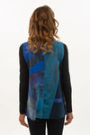 Lemon Grass Ultrasude Handprint Vest in Navy Multi. Handprinted washable suede vest in shades of blue. Convertible collar hidden zip front vest with large snap closure. Patchwork construction. 2 front patch pockets with grommet detail. Relaxed fit._t_34641258479816