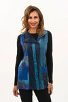 Lemon Grass Ultrasude Handprint Vest in Navy Multi.  Handprinted washable suede vest in shades of blue.  Convertible collar hidden zip front vest with large snap closure.  Patchwork construction.  2 front patch pockets with grommet detail.  Relaxed fit._t_34641258447048
