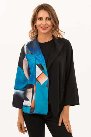 Lemon Grass Reversible Crepe Jacket in Turquoise. Turquoise and black print on the right side of front with solid black on the left. Reverses to a different print on the left side and solid black on the right._34446939291848