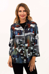 Lemon Grass Teal Reversible Crepe Jacket in Gray. Abstract blue, red. black and white print reverses to a black and white scribble print. Mandarin collar 4 button jacket with black and white novelty buttons. 3/4 sleeve. 2 front patch pockets. Relaxed fit._t_34551193206984