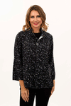 Lemon Grass Teal Reversible Crepe Jacket in Gray. Abstract blue, red. black and white print reverses to a black and white scribble print. Mandarin collar 4 button jacket with black and white novelty buttons. 3/4 sleeve. 2 front patch pockets. Relaxed fit._t_34551193239752