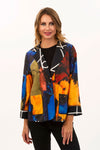 Lemon Grass Mustard Reversible Crepe Jacket. Abstract mustard, red. black and white print reverses to a black and white scribble print. Mandarin collar 1 button jacket with black and white novelty buttons. 3/4 sleeve. 2 front patch pockets. Relaxed fit._t_34641245995208