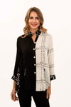 Lemon Grass Mixed Media Blouse in Black/White. Mixed prints . Stand collar button down jacket with 3/4 sleeve with split cuff. High low hem. 2 front slant welt pockets. Relaxed fit._t_34547481903304