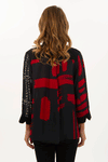 Lemon Grass Mixed Media Blouse in Red/Black. Mixed prints in red with black and white on black. Stand collar button down jacket with 3/4 sleeve with split cuff. High low hem. 2 front slant welt pockets. Relaxed fit._t_34547482067144