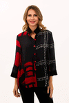 Lemon Grass Mixed Media Blouse in Red/Black.  Mixed prints in red with black and white on black.  Stand collar button down jacket with 3/4 sleeve with split cuff.  High low hem. 2 front slant welt pockets.  Relaxed fit._t_34547481968840
