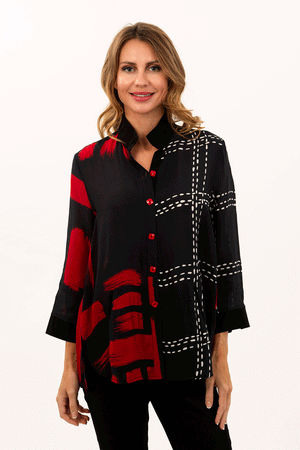 Lemon Grass Mixed Media Blouse in Red/Black.  Mixed prints in red with black and white on black.  Stand collar button down jacket with 3/4 sleeve with split cuff.  High low hem. 2 front slant welt pockets.  Relaxed fit._34547481968840