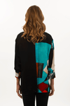 Lemon Grass Abstract Aqua Mixed Media Blouse. Aqua black and white abstract print on 1/2 of blouse, solid black on the other. Pointed collar button down with half hidden button placket. 3/4 sleeve with button cuff. Center back seam with open vent at hem. Side slits. A line shape; relaxed fit._t_34446975467720