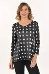 Lemon Grass Reversible V Neck Top in Safari.  Abstract print reverses to polka dot print.  Banded v neck and hem.  3/4 sleeve with banded trim.  A line shape.  Relaxed fit._t_61200472637806