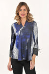 Lemon Grass Reversible High V Tie Cuff Top in Navy Multi.  Abstract print reverses to a black and white square dot pattern.  High v neck with 3/4 sleeve with split contrast cuff and tie.  Curved hem.  A line shape.  Relaxed fit._t_61205010383214