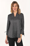 Lemon Grass Reversible High V Tie Cuff Top in Navy Multi.  Abstract print reverses to a black and white square dot pattern.  High v neck with 3/4 sleeve with split contrast cuff and tie.  Curved hem.  A line shape.  Relaxed fit._t_61205010415982
