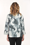 Lemon Grass A-line Brocade Jacket in Black.  Swirled textured print in black, gray and white.  Mandarin collar 2 button jacket with 3/4 sleeve and wide cuff.  Lined through the body.  A line shape.  Relaxed fit._t_61407508627822