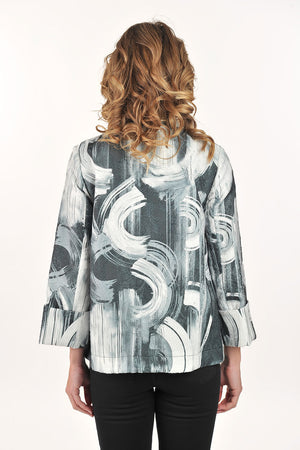 Lemon Grass A-line Brocade Jacket in Black.  Swirled textured print in black, gray and white.  Mandarin collar 2 button jacket with 3/4 sleeve and wide cuff.  Lined through the body.  A line shape.  Relaxed fit._61407508627822