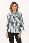 Lemon Grass A-line Brocade Jacket in Black.  Swirled textured print in black, gray and white.  Mandarin collar 2 button jacket with 3/4 sleeve and wide cuff.  Lined through the body.  A line shape.  Relaxed fit._t_61407508660590