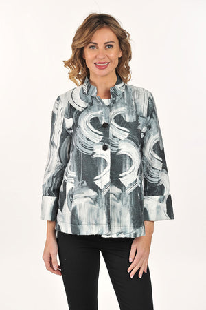 Lemon Grass A-line Brocade Jacket in Black.  Swirled textured print in black, gray and white.  Mandarin collar 2 button jacket with 3/4 sleeve and wide cuff.  Lined through the body.  A line shape.  Relaxed fit._61407508660590