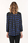 Lemon Grass Double Stand Collar Blouse in Royal Blue.  Black and royal blue checkerboard print.  Double stand collar with solid black covered button placket.  3/4 sleeve with solid button placket at lower sleeve.  Solid black back yoke.  Shirt tail hem.  Relaxed fit._t_61429723398510