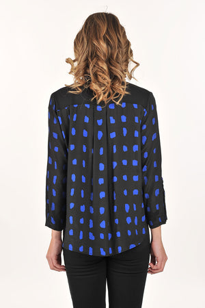 Lemon Grass Double Stand Collar Blouse in Royal Blue.  Black and royal blue checkerboard print.  Double stand collar with solid black covered button placket.  3/4 sleeve with solid button placket at lower sleeve.  Solid black back yoke.  Shirt tail hem.  Relaxed fit._61429723398510