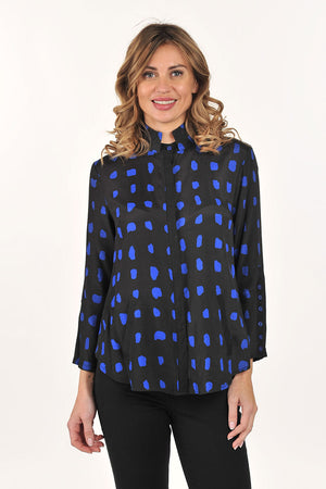 Lemon Grass Double Stand Collar Blouse in Royal Blue.  Black and royal blue checkerboard print.  Double stand collar with solid black covered button placket.  3/4 sleeve with solid button placket at lower sleeve.  Solid black back yoke.  Shirt tail hem.  Relaxed fit._61429723431278