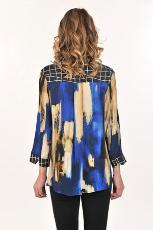 Lemon Grass Flip Collar Blouse in Blue.  Abstract watercolor print body with black and white grid print collar, cuffs and back yoke.  Convertible collar button down with 2 front welt pockets.  Bracelet sleeve with split cuff.  Back yoke.  Side slits.  High low hem.  Relaxed fit._61429712126318