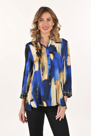 Lemon Grass Flip Collar Blouse in Blue.  Abstract watercolor print body with black and white grid print collar, cuffs and back yoke.  Convertible collar button down with 2 front welt pockets.  Bracelet sleeve with split cuff.  Back yoke.  Side slits.  High low hem.  Relaxed fit._61429712159086