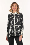 Lemon Grass Stand Collar Eyelet Trim Blouse in Black/Cream.  Black and cream abstract line print with reverse color trim.  Stand collar button down blouse with pairs of buttons.  Long sleeves with double button cuff.  Reverse print inset down center back.  Eyelet ribbon detail.  High low hem.  Side slits.  Relaxed fit._t_61407833686382