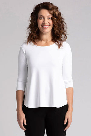 Sympli Go to Classic Relax in White.  Crew neck, 3/4 sleeve top with curved hem and side slits.  Relaxed fit._34883253993672
