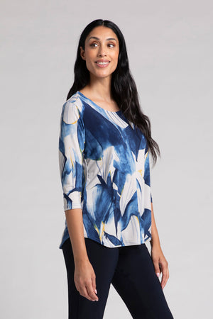 Sympli Go To Classic Relax Print Top in Watery Reflections. Shades of blue with and white abstract print.Modified crew neck 3/4 sleeve relaxed top with curved hem. Side slits. Relaxed fit_34817885864136