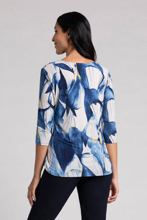 Sympli Go To Classic Relax Print Top in Watery Reflections. Shades of blue with and white abstract print.Modified crew neck 3/4 sleeve relaxed top with curved hem. Side slits. Relaxed fit_34817885831368