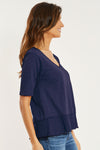 Mododoc Half Sleeve Mix Media Top in Vibrant Navy.  V neck short sleeve tee in slub cotton with textured cotton inset at hem with fringed edge.  Relaxed fit._t_61211221819758