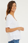 Mododoc Half Sleeve Mix Media Top in White.  V neck short sleeve tee in slub cotton with textured cotton inset at hem with fringed edge.  Relaxed fit._t_61211221852526