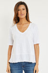 Mododoc Half Sleeve Mix Media Top in White.  V neck short sleeve tee in slub cotton with textured cotton inset at hem with fringed edge.  Relaxed fit._t_61211221885294