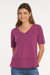 Mododoc Half Sleeve Mix Media Top in Wildberry.  V neck short sleeve tee in slub cotton with textured cotton inset at hem with fringed edge.  Relaxed fit._t_61211221918062