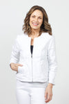 Holland Ave Frayed Denim Zip Jacket in White.  Crew neck collarless zip front jacket.  Contour seaming in front with frayed edges.  Long sleeves with fray detail at cuff.  Banded bottom with frayed detail.  Back yoke and contour seams.  2 front slash pockets.  A line shape.  Relaxed fit._t_34980914036936