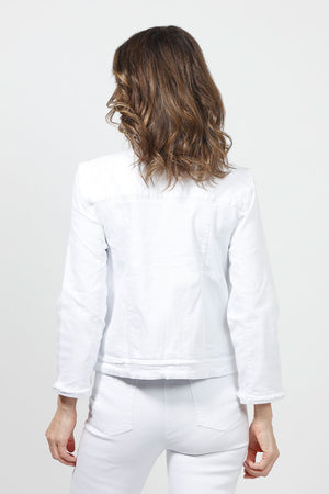 Holland Ave Frayed Denim Zip Jacket in White. Crew neck collarless zip front jacket. Contour seaming in front with frayed edges. Long sleeves with fray detail at cuff. Banded bottom with frayed detail. Back yoke and contour seams. 2 front slash pockets. A line shape. Relaxed fit._34980914004168