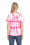 APNY Pink Tie Dye Top. Pink and white tie dye top with notched crew neck. Raw edge trim at neck placket. Short sleeves with button roll tab. A line shape. Relaxed fit._t_34250918756552