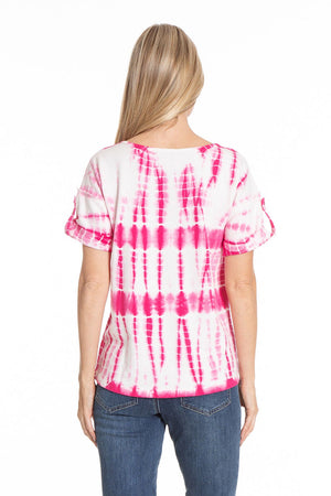 APNY Pink Tie Dye Top. Pink and white tie dye top with notched crew neck. Raw edge trim at neck placket. Short sleeves with button roll tab. A line shape. Relaxed fit._34250918756552