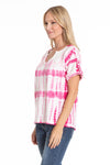 APNY Pink Tie Dye Top. Pink and white tie dye top with notched crew neck. Raw edge trim at neck placket. Short sleeves with button roll tab. A line shape. Relaxed fit._t_34250918691016