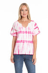 APNY Pink Tie Dye Top.  Pink and white tie dye top with notched crew neck.  Raw edge trim at neck placket.  Short sleeves with button roll tab.  A line shape.  Relaxed fit._t_34250918723784