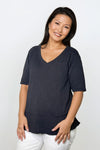 Mododoc Half Sleeve Mix Media Top in Black.  V neck short sleeve tee in slub cotton with textured cotton inset at hem with fringed edge.  Relaxed fit._t_61236770013550