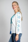 APNY Embroidered Top. Blue and turquoise embroidery on white cotton gauze. Crew neck with split v and tassel tie. Embroidered neck placket. Embroidered design on front and sleeves. Raglan 3/4 sleeve with elastic cuff. Curved hem with side slits. Relaxed fit._t_35228847505608